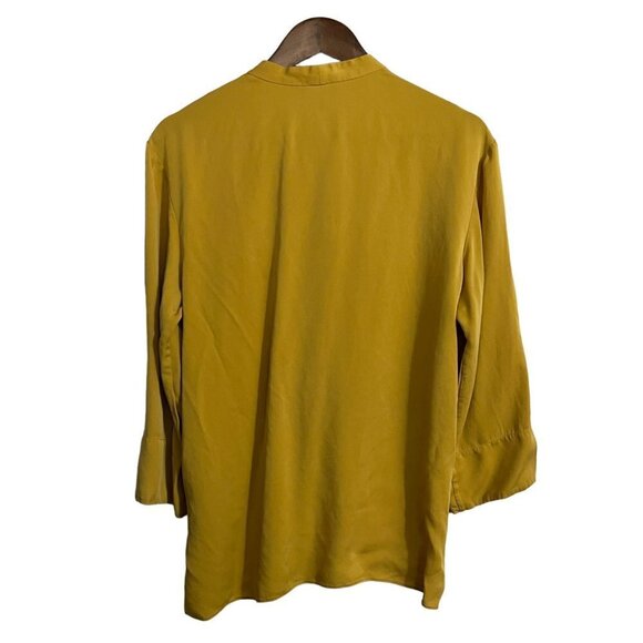 Theory Womens Mustard Yellow 100% Silk Tie Neck Faux Wrap Blouse Size Large - Picture 7 of 7